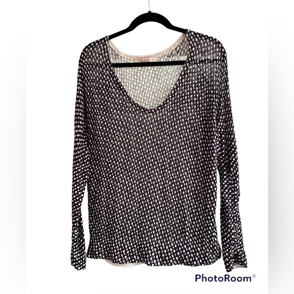 Loft Women’s Lightweight Scoop Neck Polka Dot Linen Blend Sweater Size M Navy